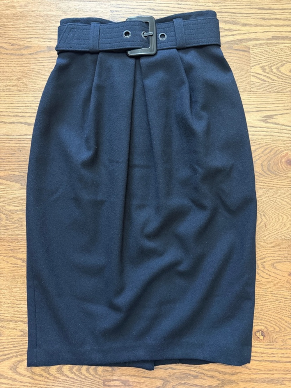 100% Wool Vintage High-Waist Navy Blue Belted Pencil Skirt